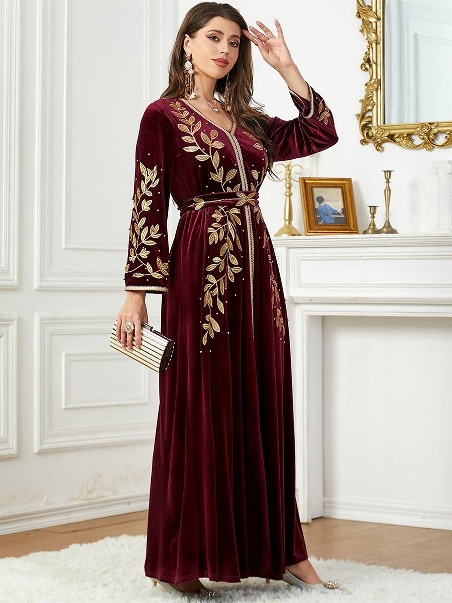 Women Fitted Waist Leaf Embellished Jalabiya