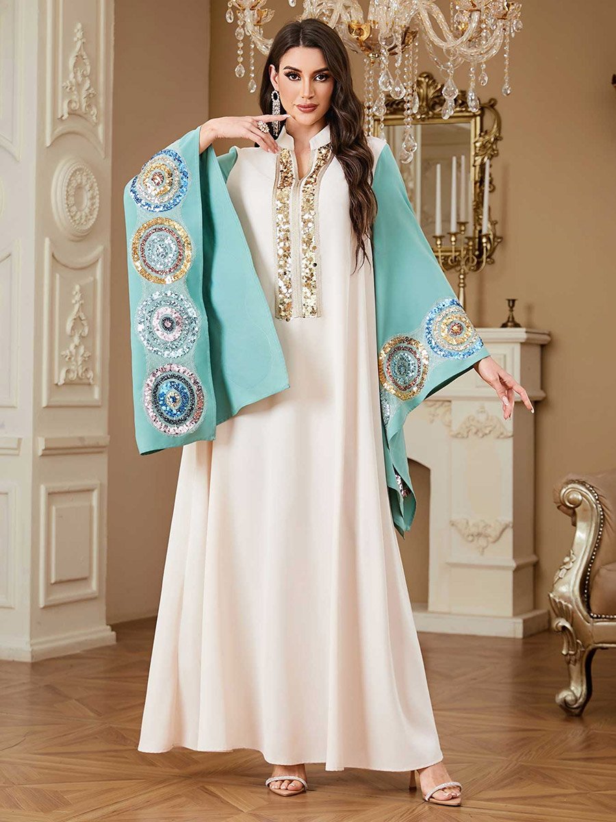 Women Sequin Patch Detail Butterfly Sleeve Jalabiya