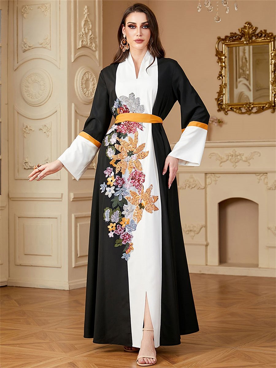 Women Floral Embroidered Belted Jalabiya
