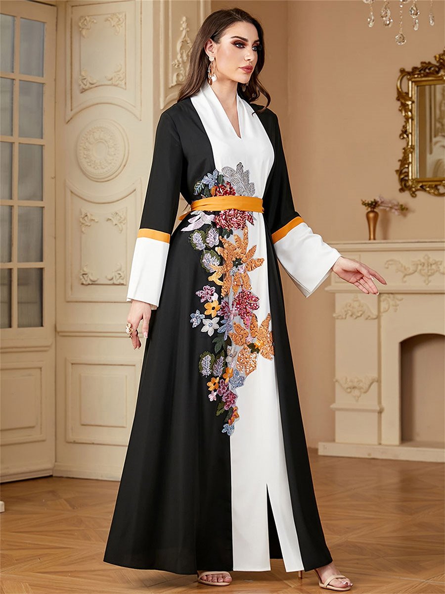 Women Floral Embroidered Belted Jalabiya