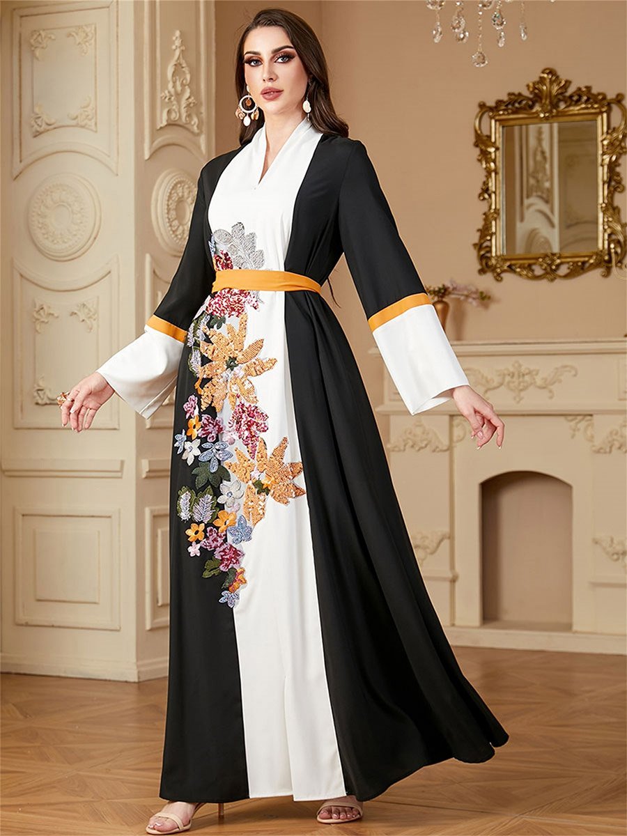 Women Floral Embroidered Belted Jalabiya