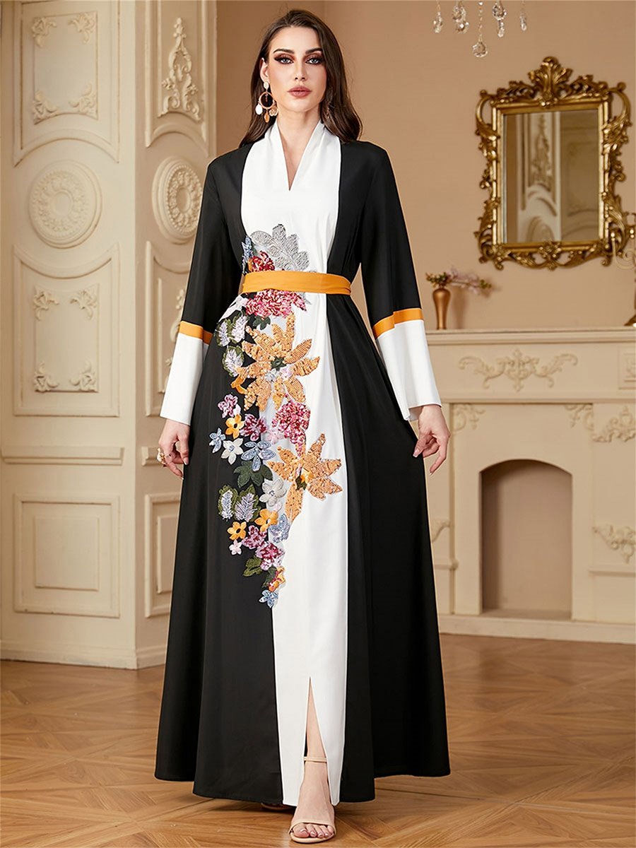 Women Floral Embroidered Belted Jalabiya