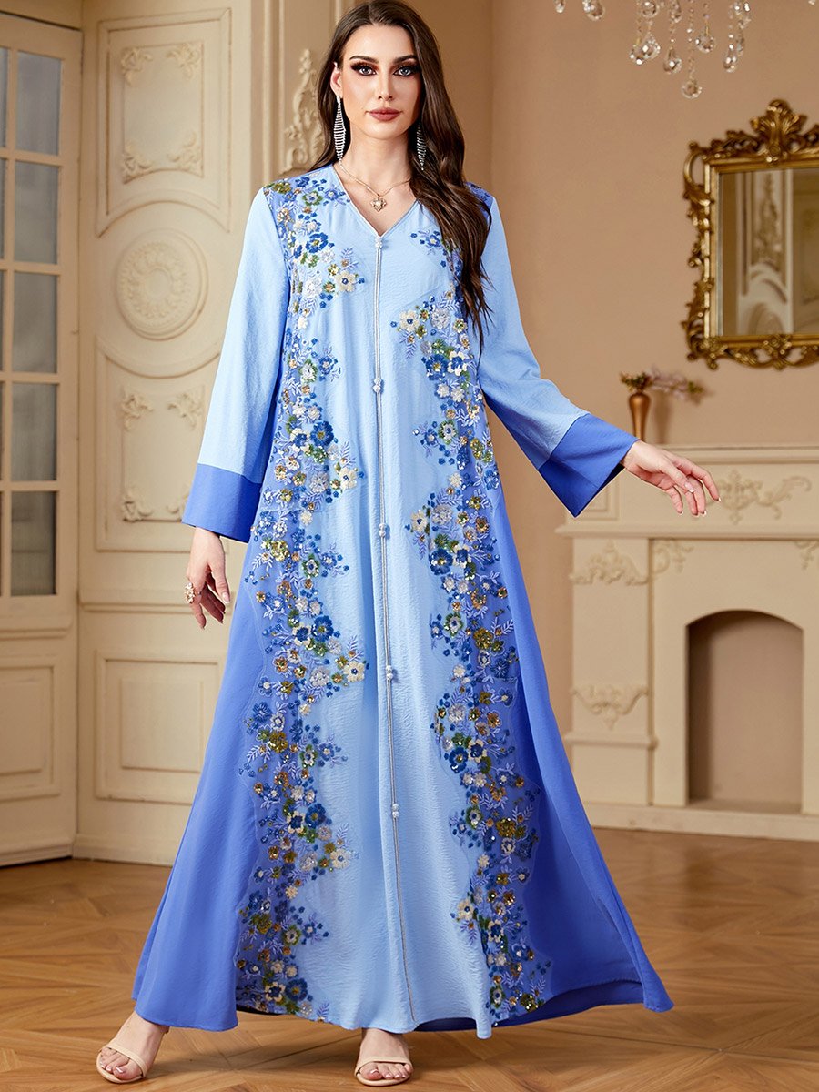 Women Blue Flower Detail V-Neck Jalabiya
