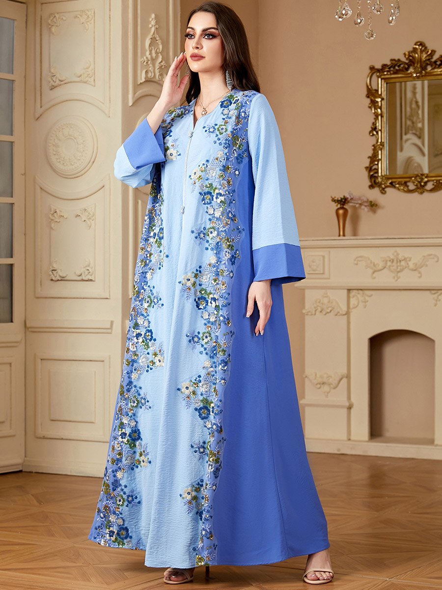 Women Blue Flower Detail V-Neck Jalabiya