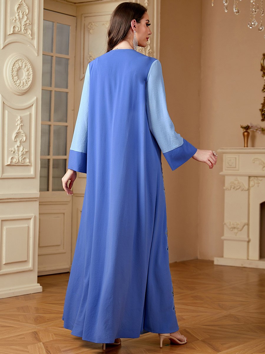 Women Blue Flower Detail V-Neck Jalabiya