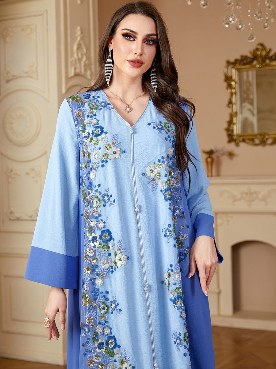 Women Blue Flower Detail V-Neck Jalabiya