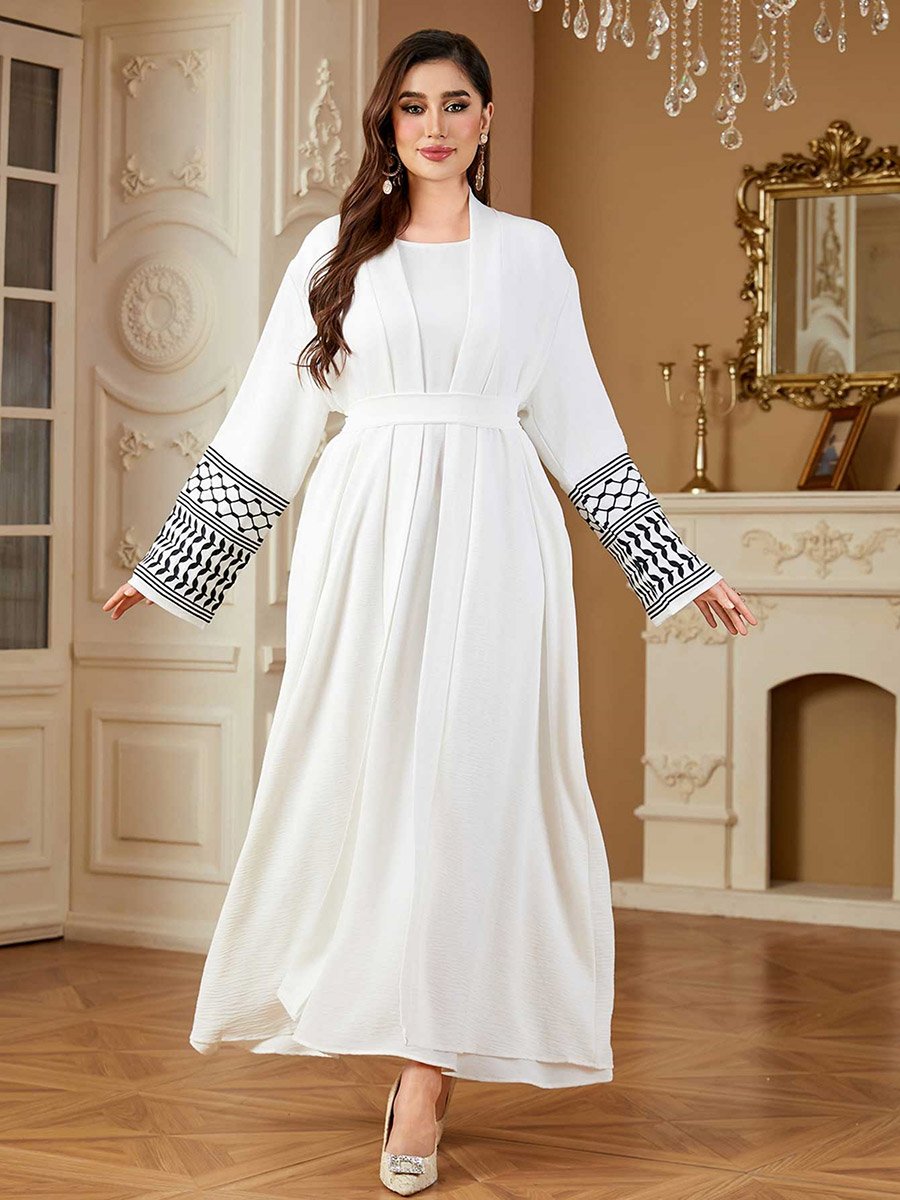 Women Geometric Belted Long Sleeve Abaya