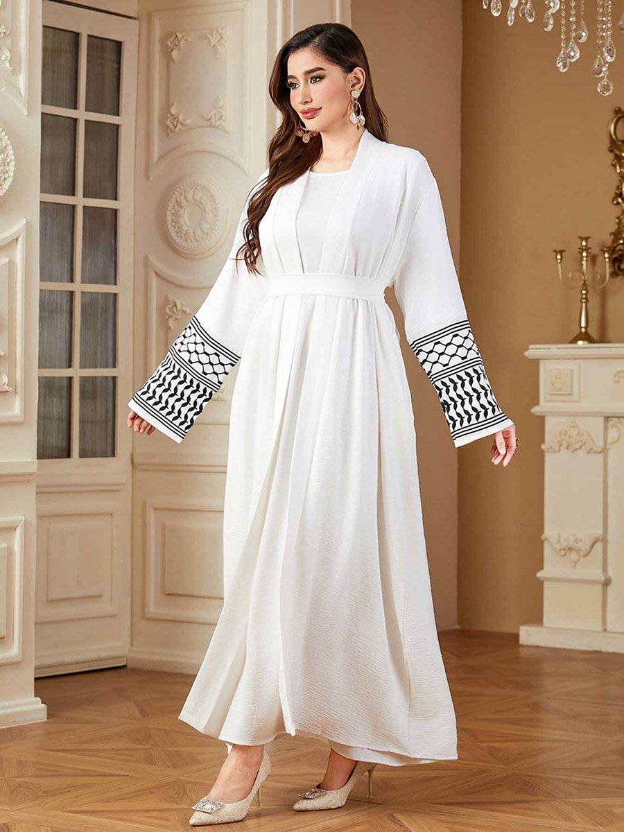 Women Geometric Belted Long Sleeve Abaya