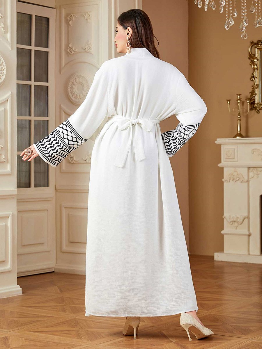 Women Geometric Belted Long Sleeve Abaya