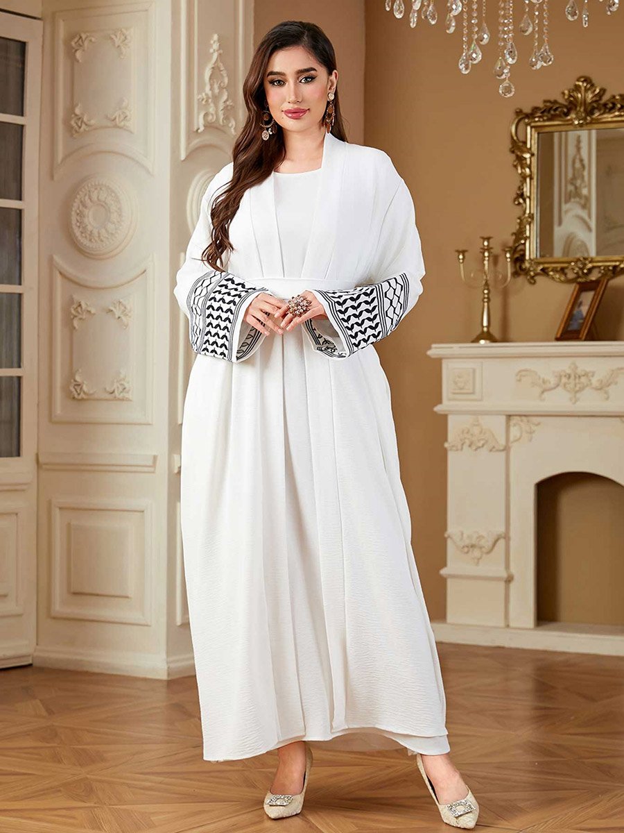 Women Geometric Belted Long Sleeve Abaya