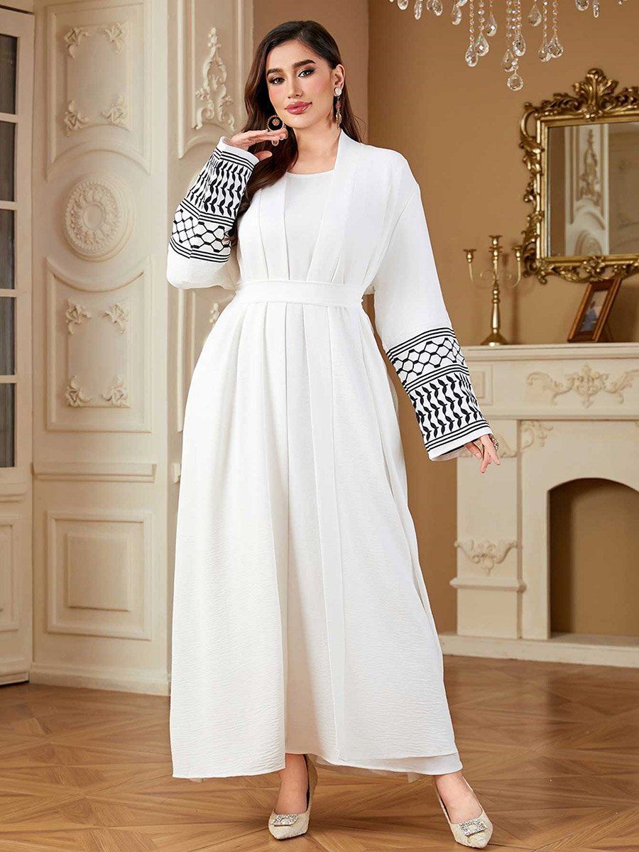 Women Geometric Belted Long Sleeve Abaya