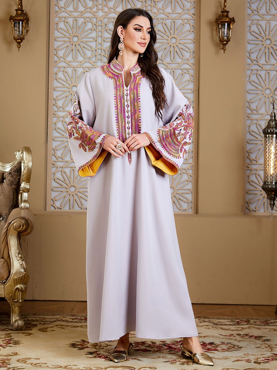 Women Grey Embroidered Velvet Jalabiya