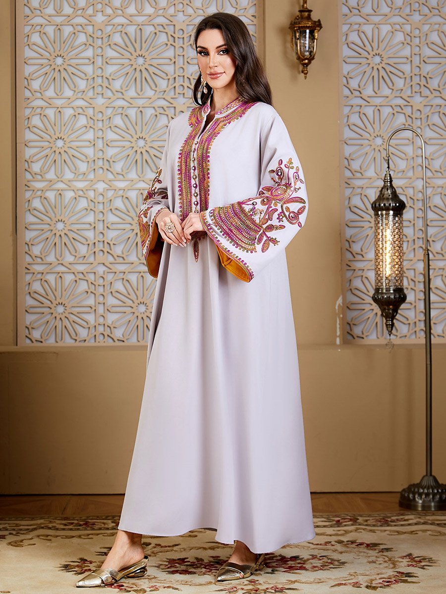 Women Grey Embroidered Velvet Jalabiya