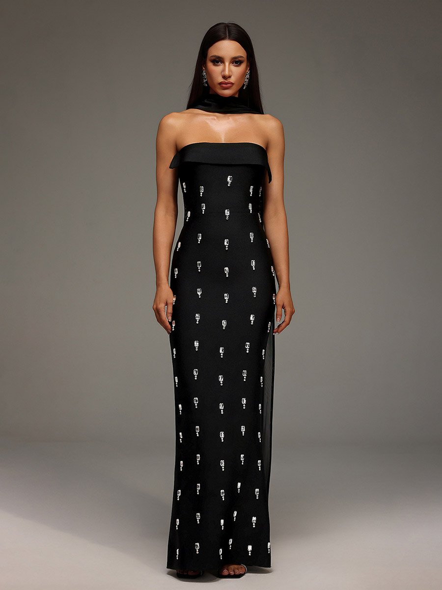 Women Halter Neck Embellished Sheath Maxi Dress