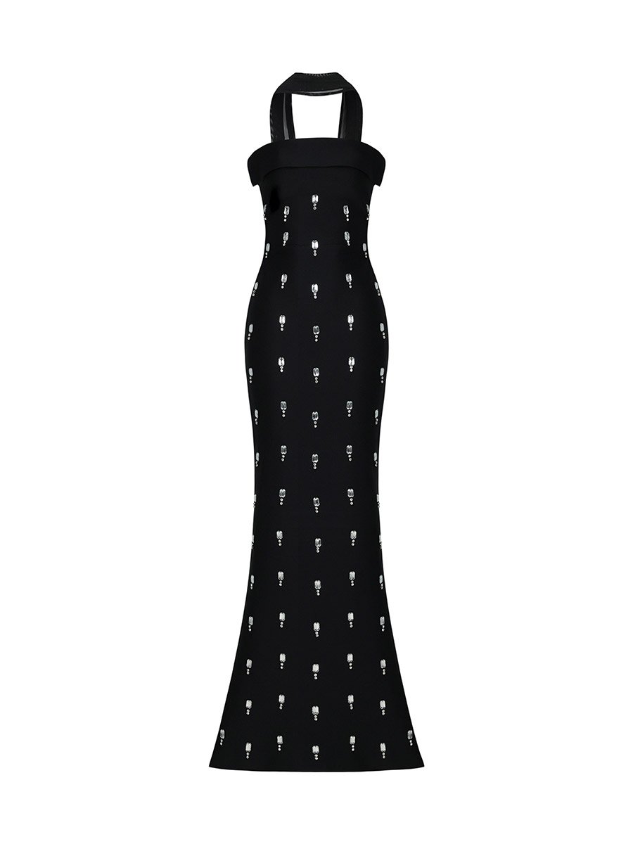 Women Halter Neck Embellished Sheath Maxi Dress
