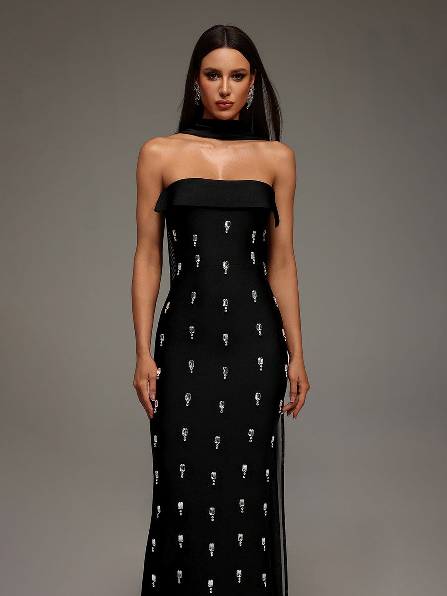 Women Halter Neck Embellished Sheath Maxi Dress