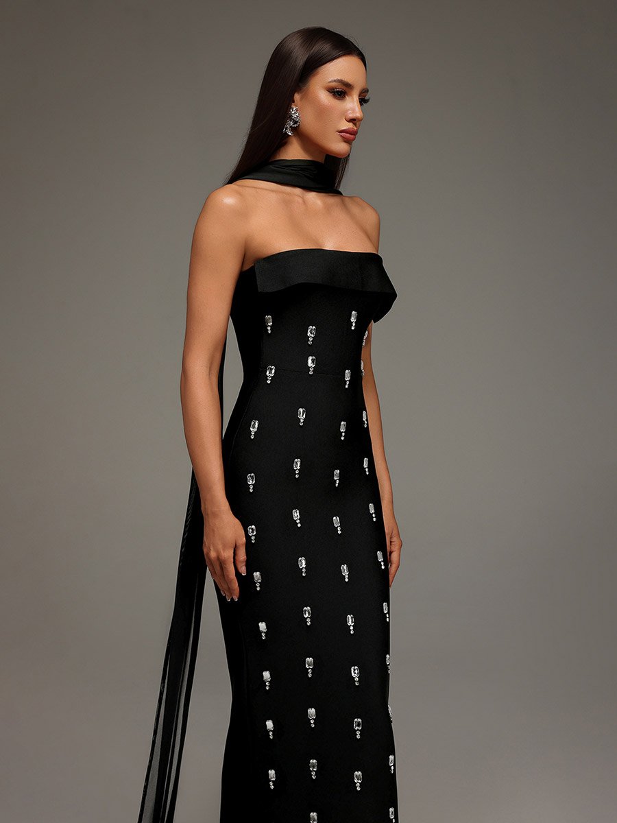 Women Halter Neck Embellished Sheath Maxi Dress