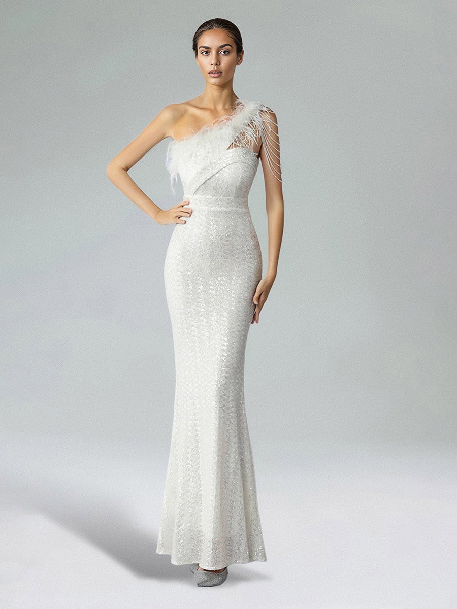 Women One Shoulder Faux Feather Sheath Maxi Dress