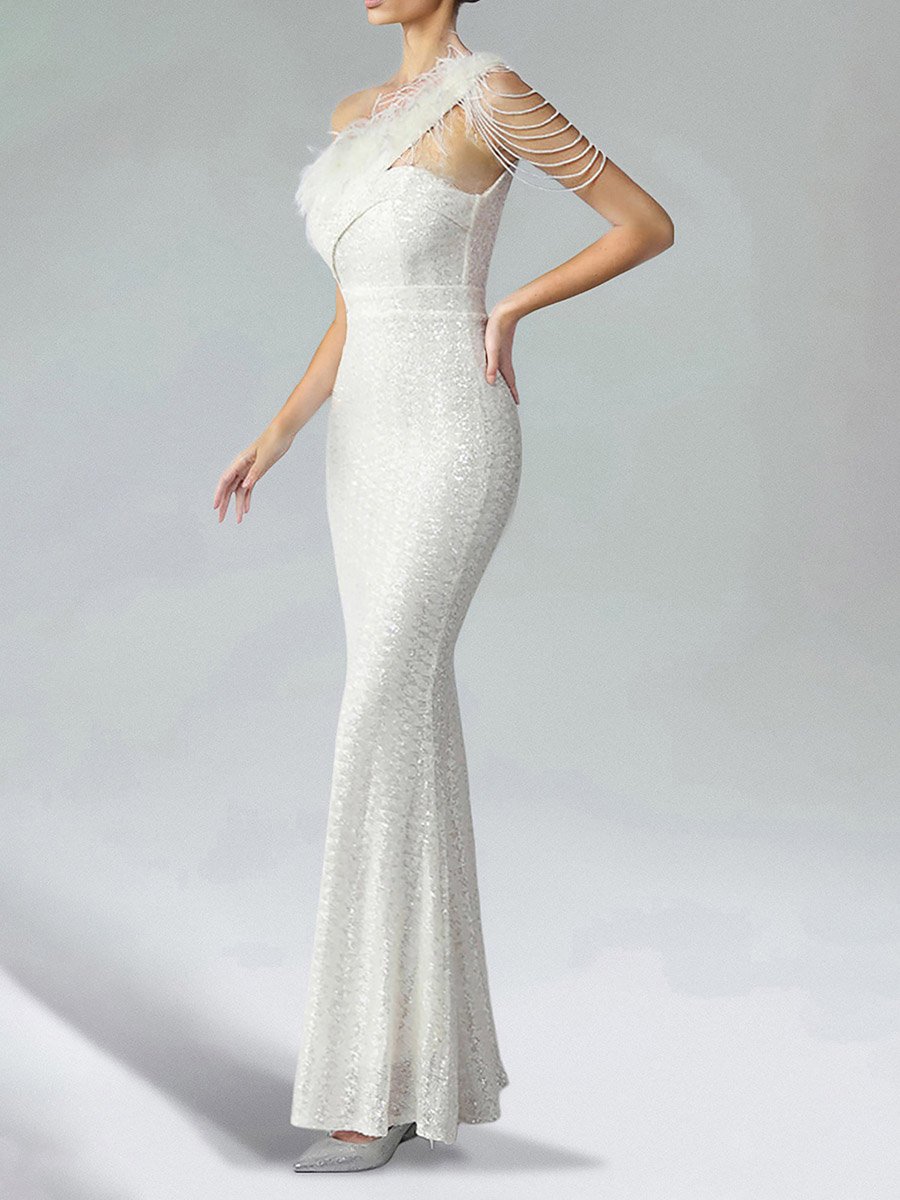 Women One Shoulder Faux Feather Sheath Maxi Dress