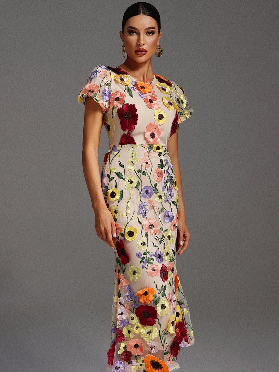 Women Flower Embroidery Party Midi Dress