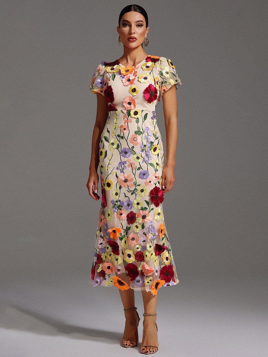 Women Flower Embroidery Party Midi Dress