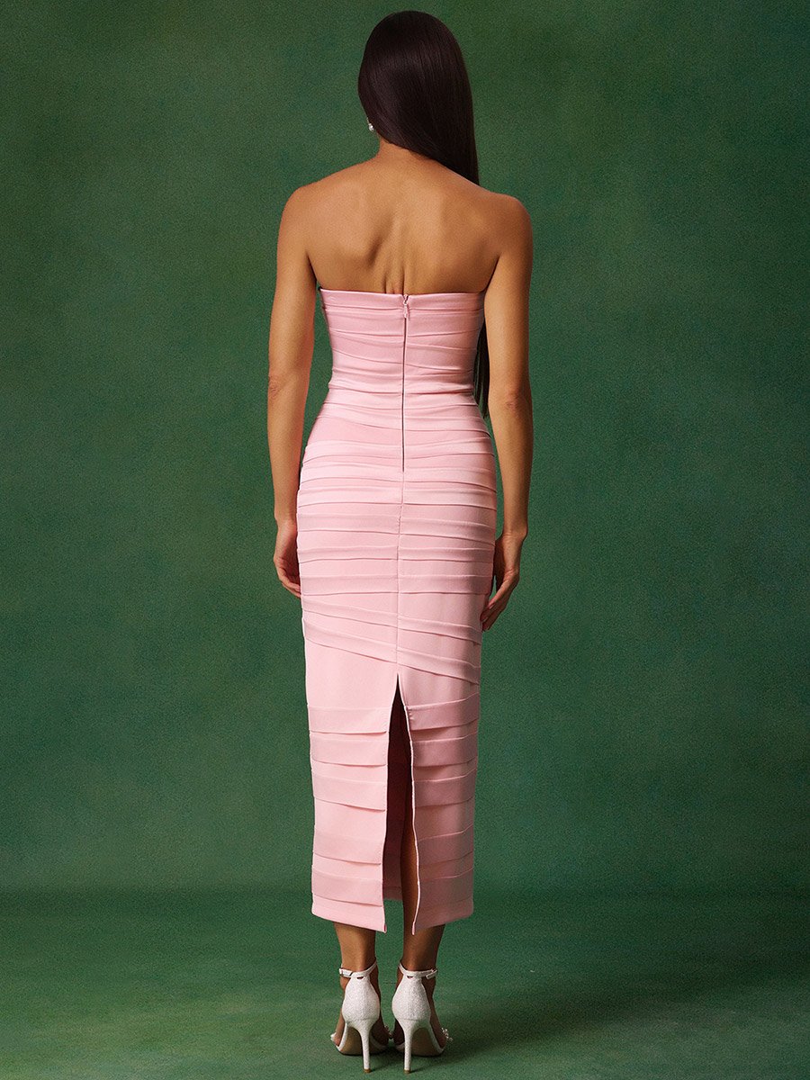 Women Solid Strapless Bow Wrinkle Midi Dress