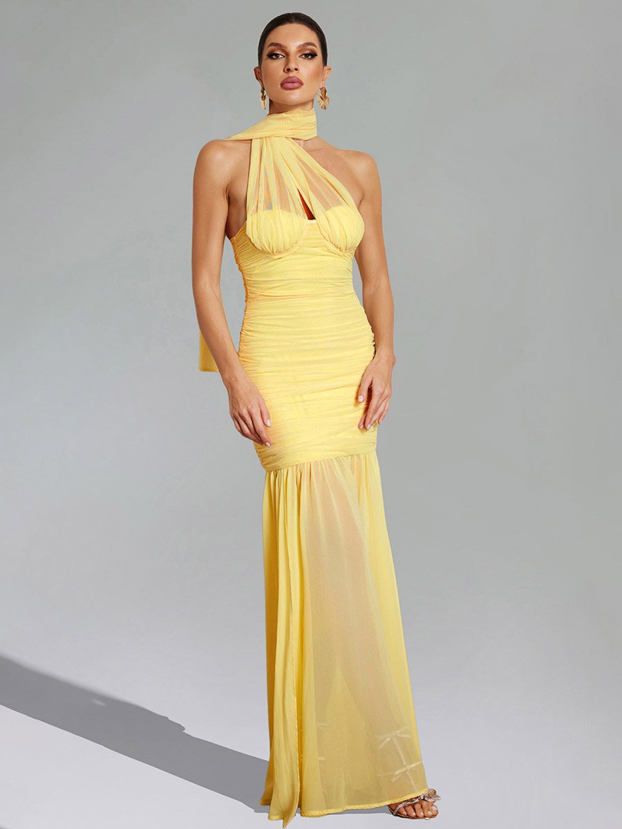 Women Halter Neck Ruched Mesh Party Maxi Dress