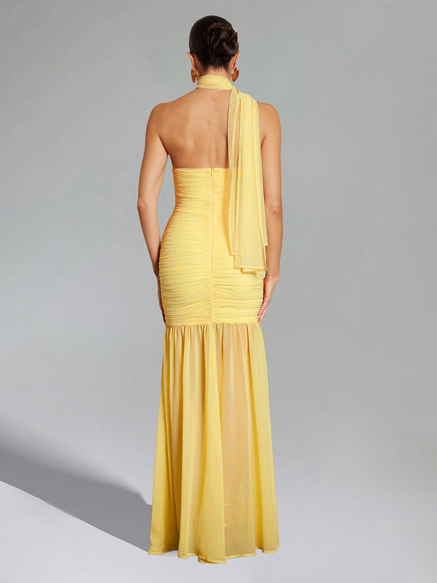 Women Halter Neck Ruched Mesh Party Maxi Dress