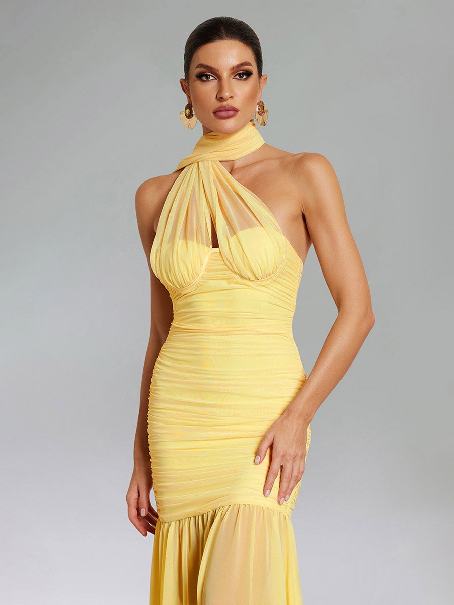 Women Halter Neck Ruched Mesh Party Maxi Dress