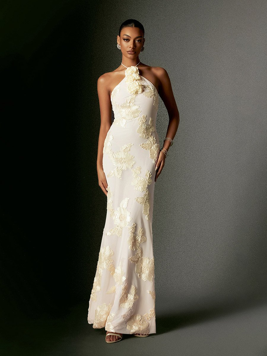 Women Flower Halter Neck Mesh Maxi Dress