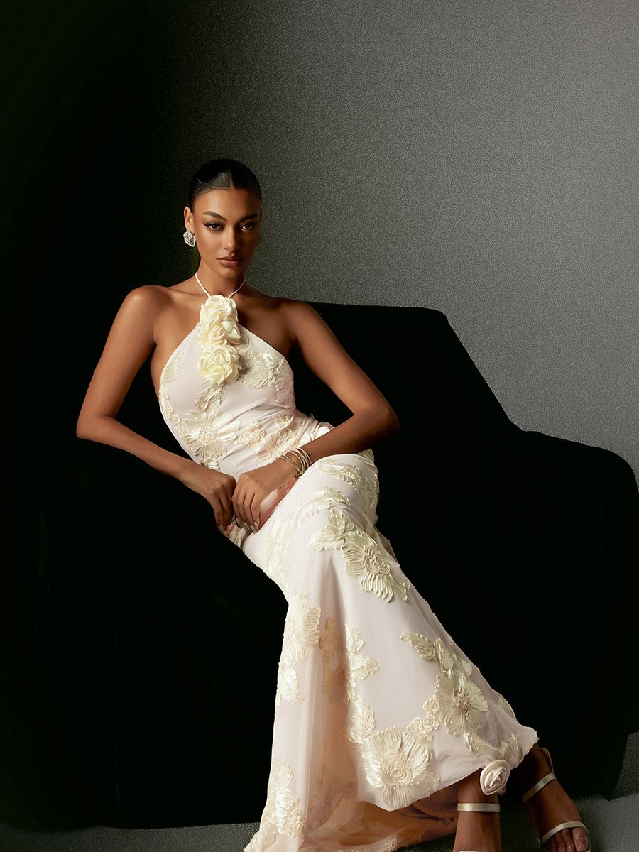 Women Flower Halter Neck Mesh Maxi Dress