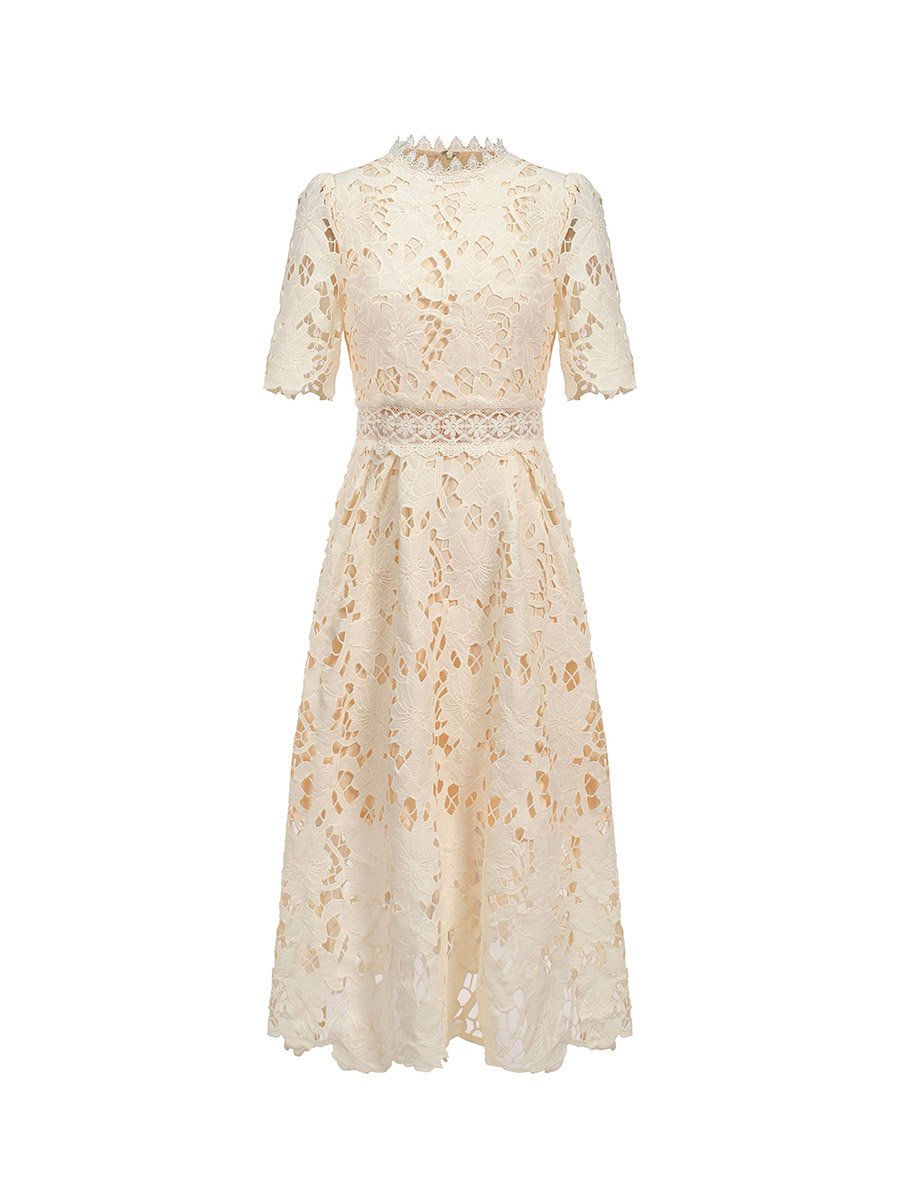 Women Cut Out Lace Short Sleeve Knee Length Dress