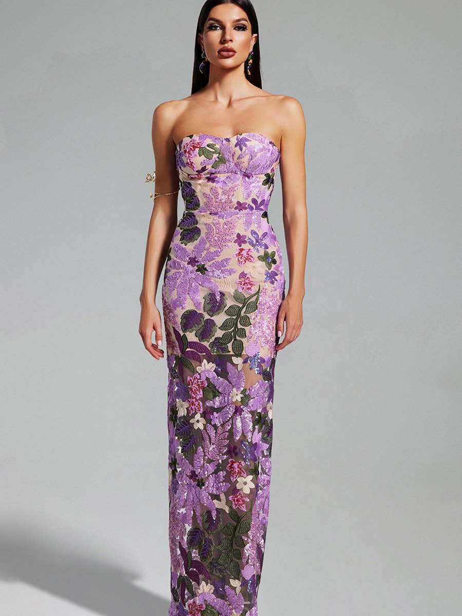 Women Floral Sequin Strapless Sheath Maxi Dress