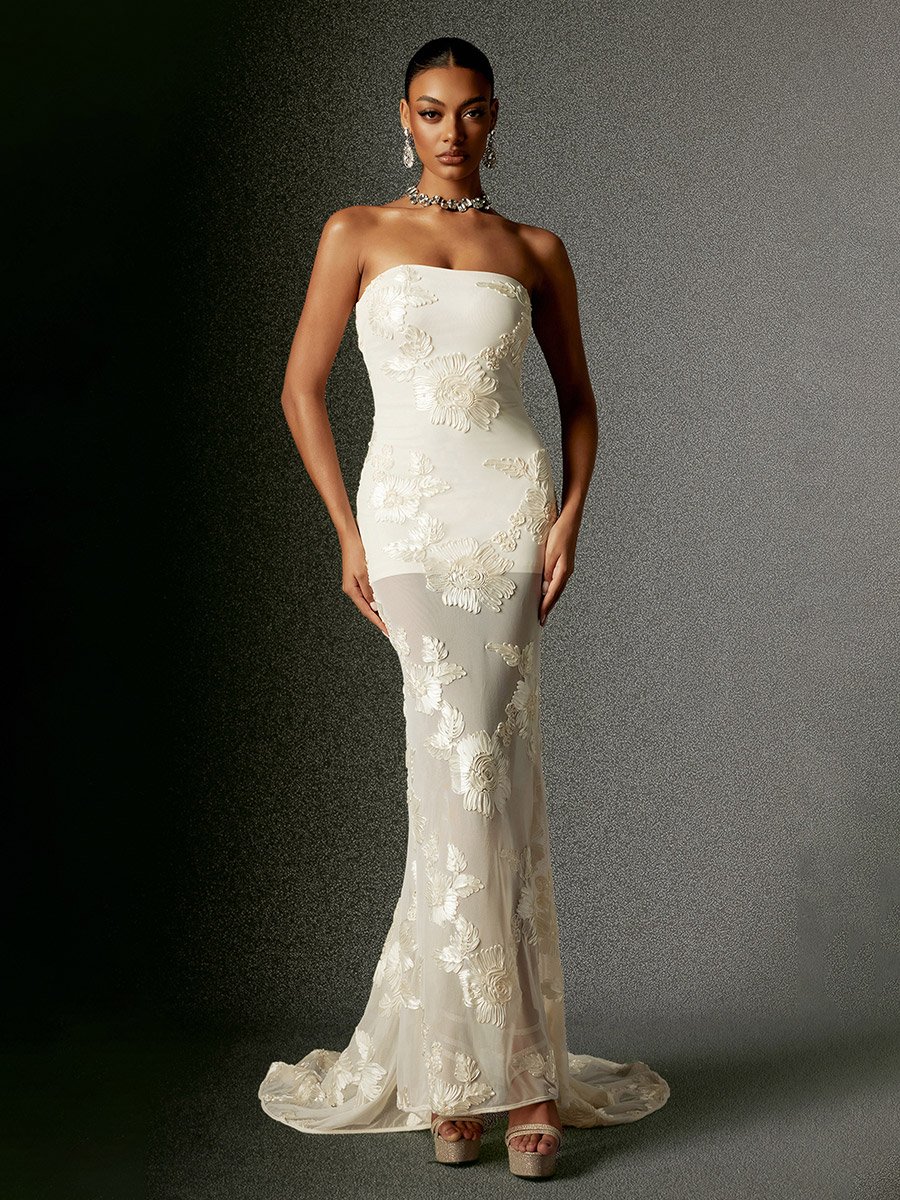 Women Strapless Embroidery Flower Mesh Maxi Dress