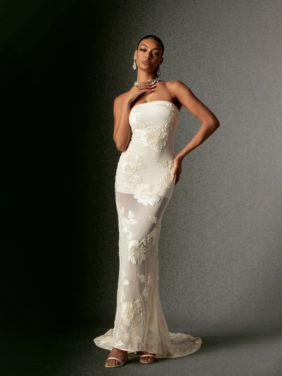 Women Strapless Embroidery Flower Mesh Maxi Dress