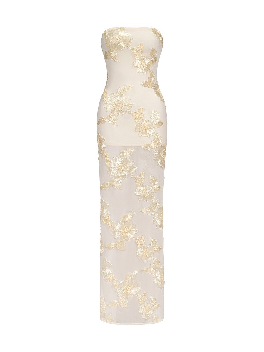 Women Strapless Embroidery Flower Mesh Maxi Dress