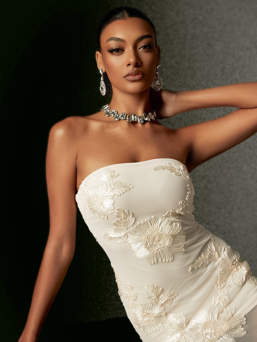 Women Strapless Embroidery Flower Mesh Maxi Dress