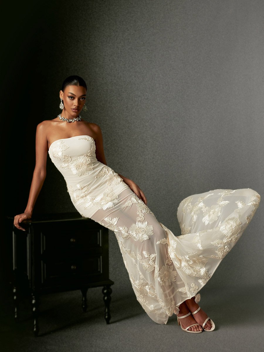 Women Strapless Embroidery Flower Mesh Maxi Dress