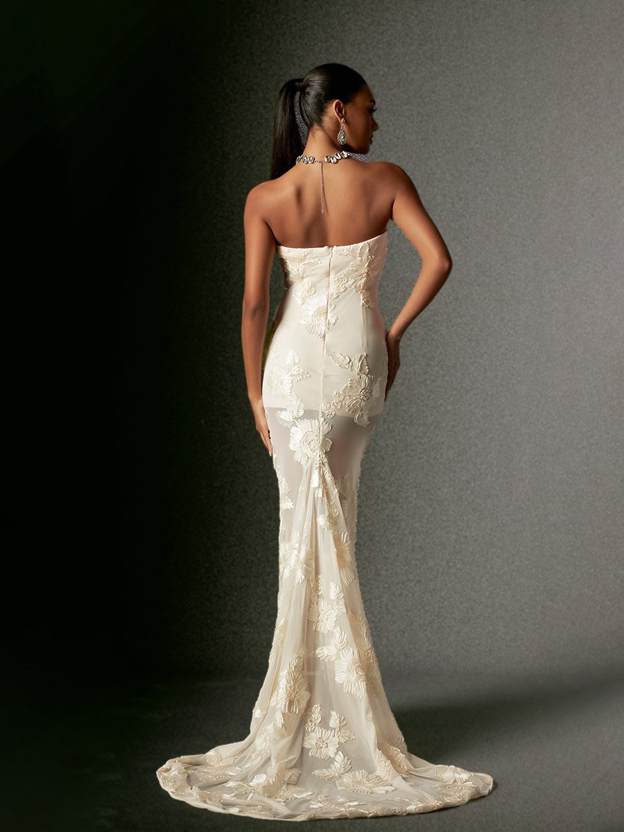 Women Strapless Embroidery Flower Mesh Maxi Dress