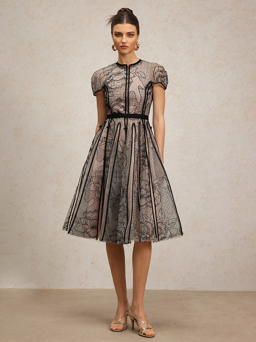 Women Jacquard Short Sleeves Knee Length Dress