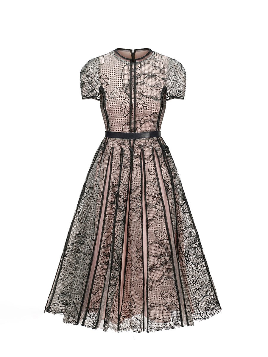 Women Jacquard Short Sleeves Knee Length Dress
