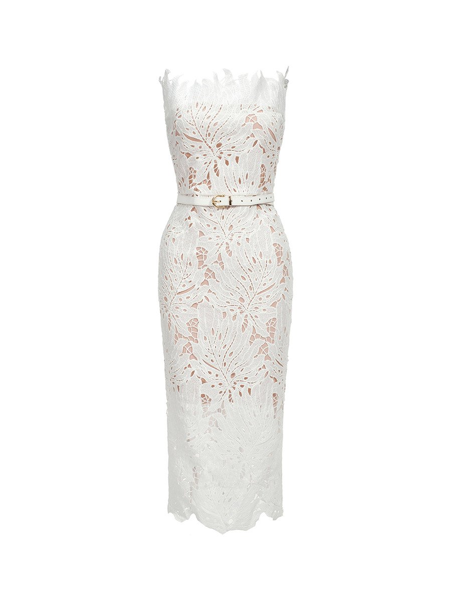 Women Strapless Lace Fitted Waist Midi Dress