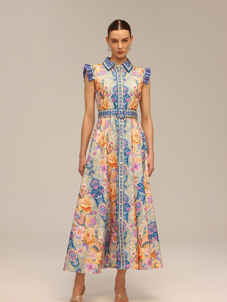 Women Floral Printed Belted Sleeveless Maxi Dress