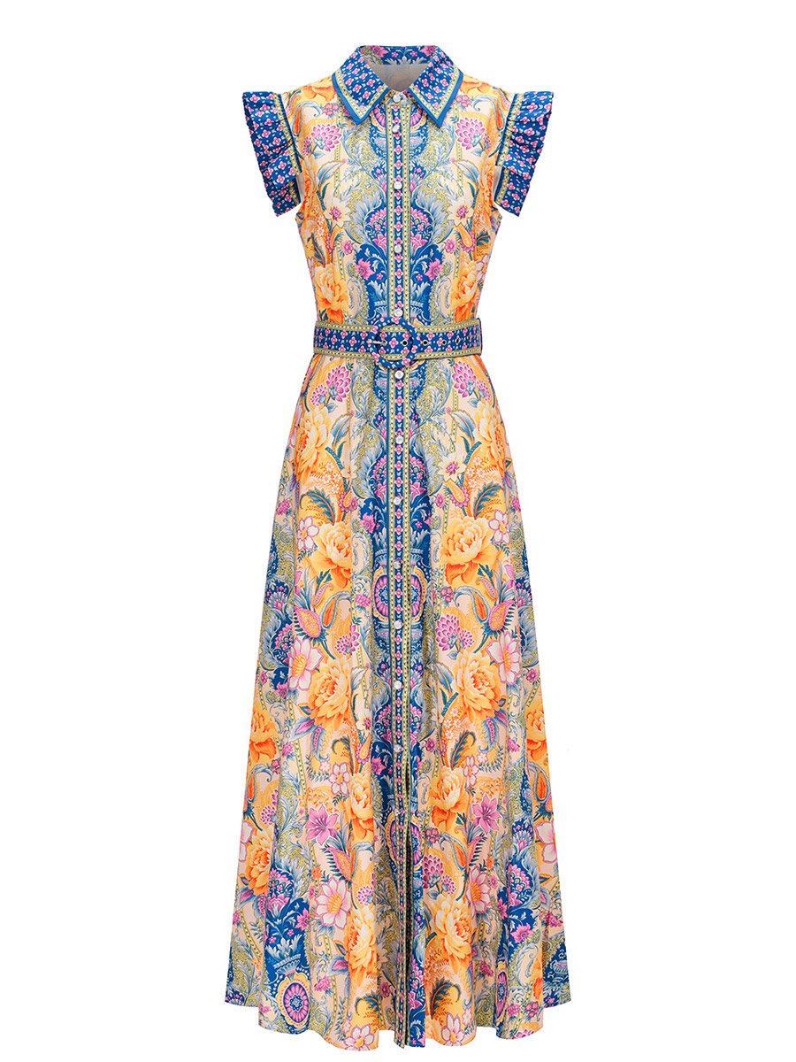 Women Floral Printed Belted Sleeveless Maxi Dress
