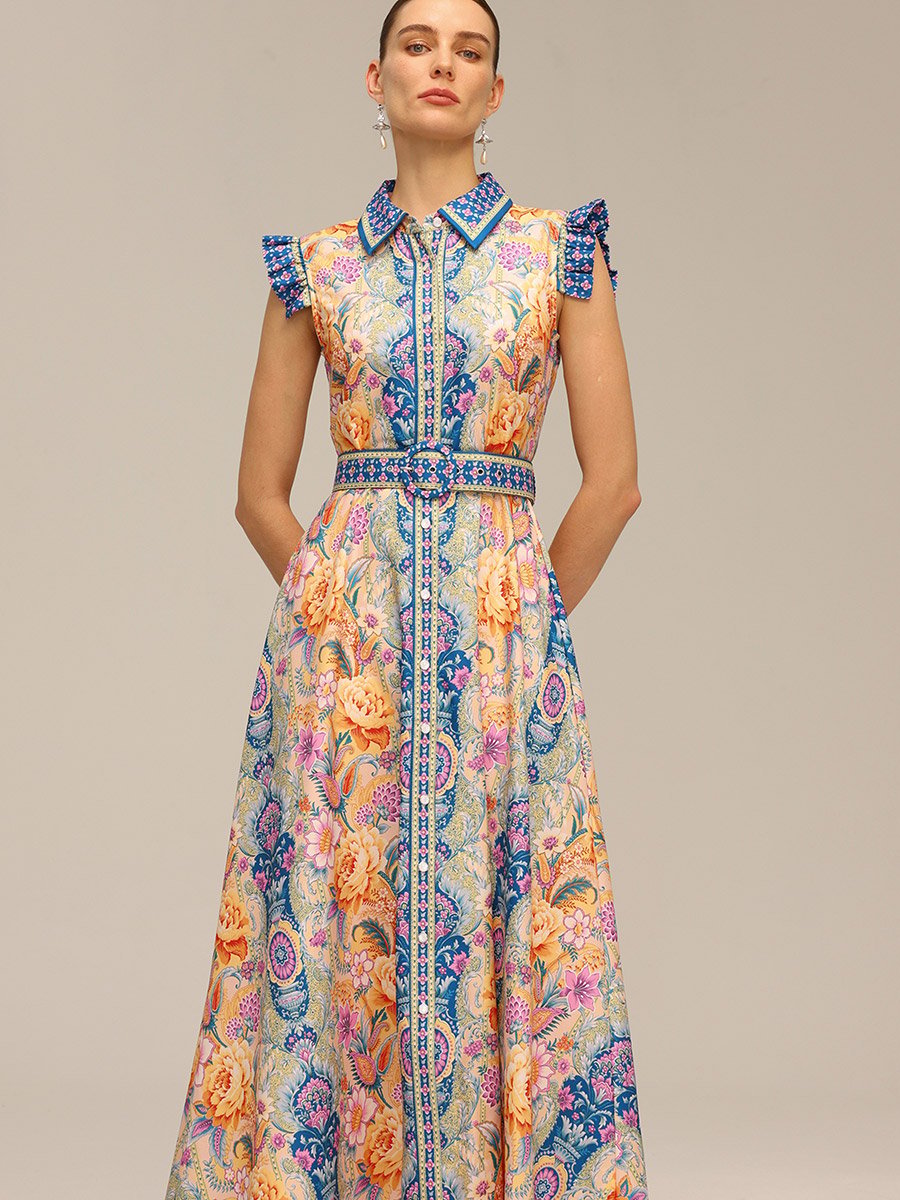 Women Floral Printed Belted Sleeveless Maxi Dress