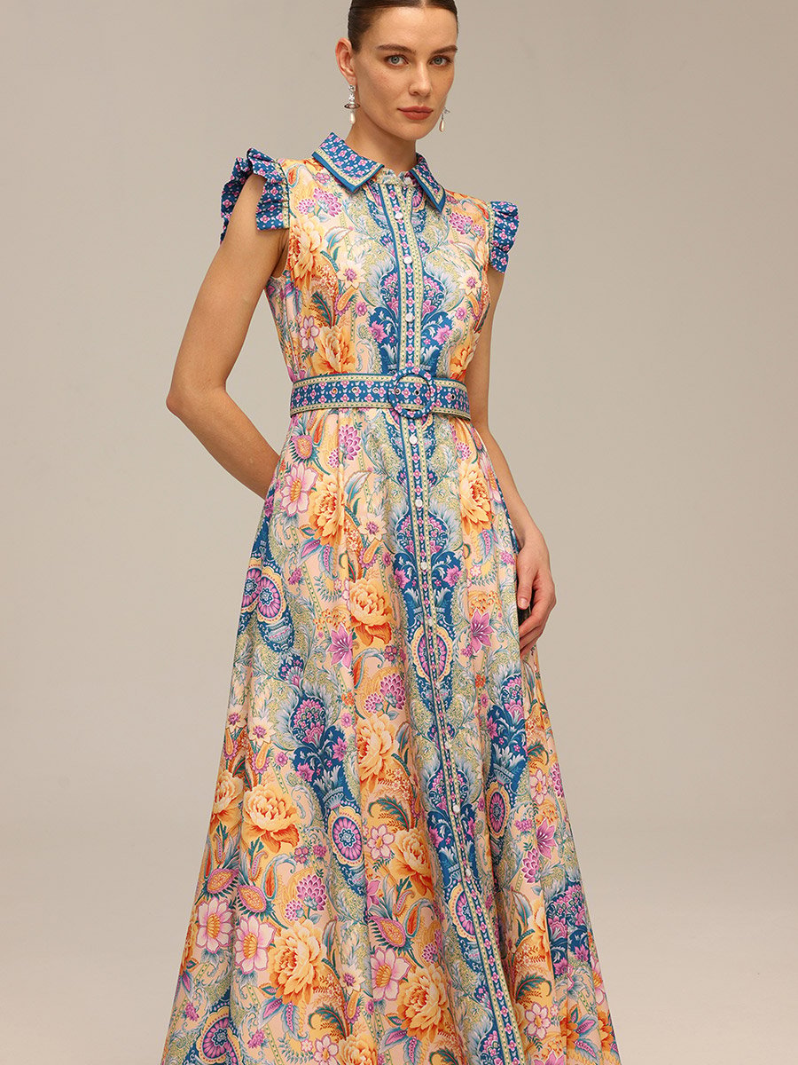 Women Floral Printed Belted Sleeveless Maxi Dress