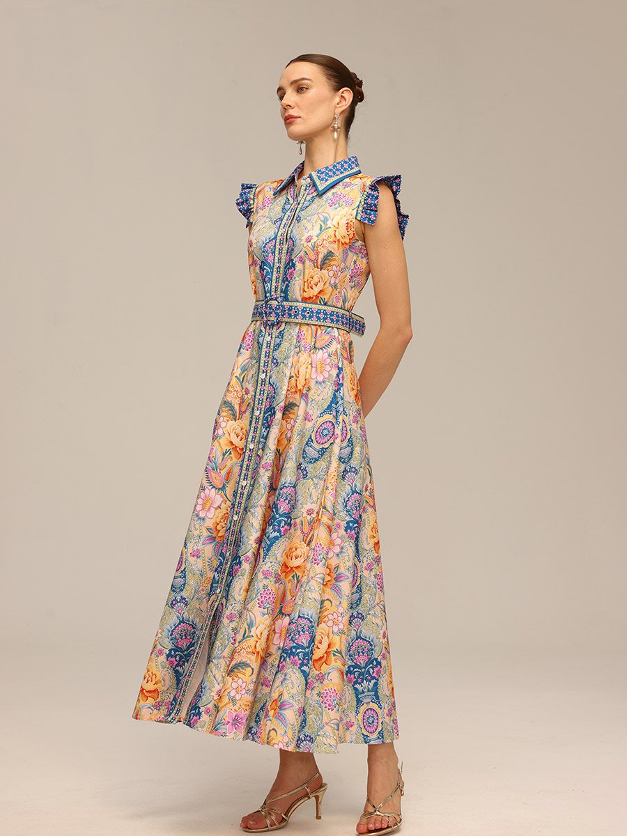 Women Floral Printed Belted Sleeveless Maxi Dress