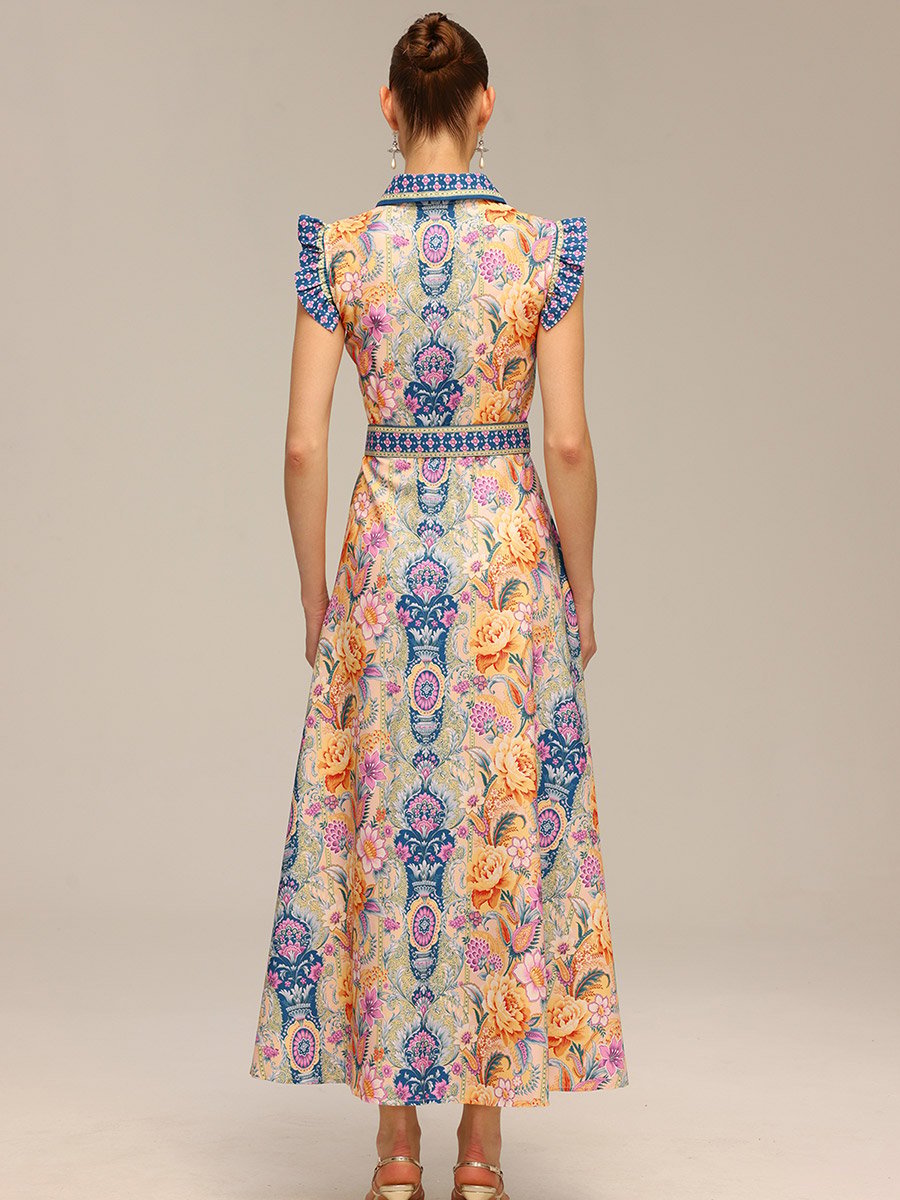 Women Floral Printed Belted Sleeveless Maxi Dress