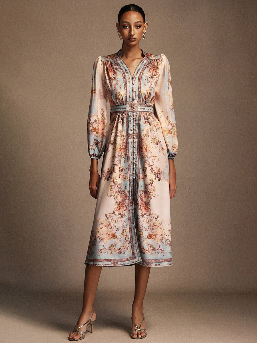 Women Floral Print 3/4 Sleeves Midi Dress