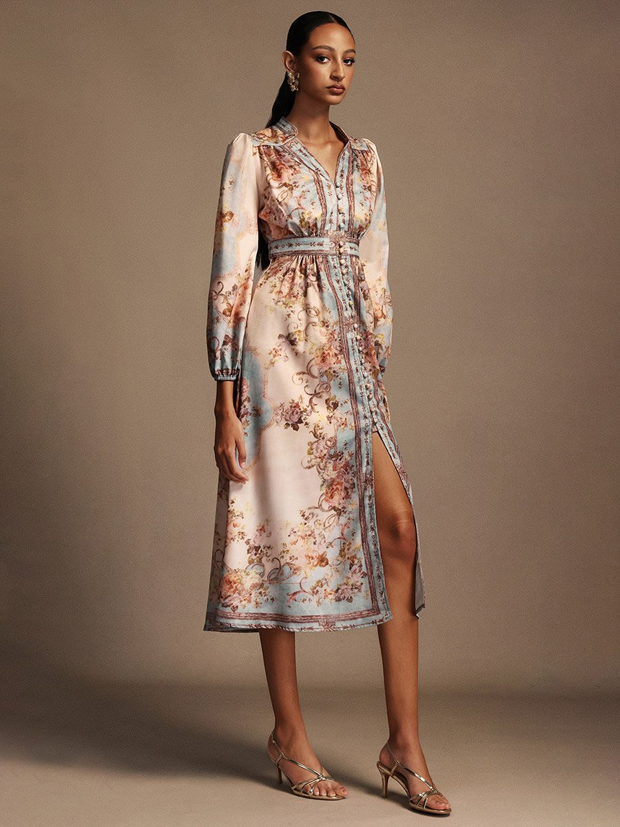 Women Floral Print 3/4 Sleeves Midi Dress